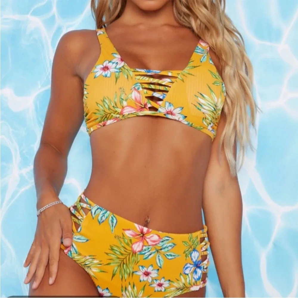TINI BIKINI Floral Golden Yellow High Waisted Cheeky 2 Piece Bikini - Picture 2 of 12